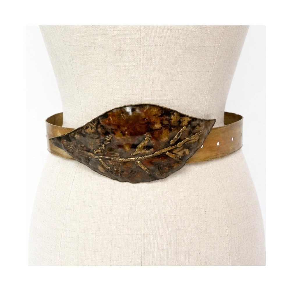 Vintage Handmade Copper Leaf Buckle Belt Brutalist Artisan Leather Belt M Gold